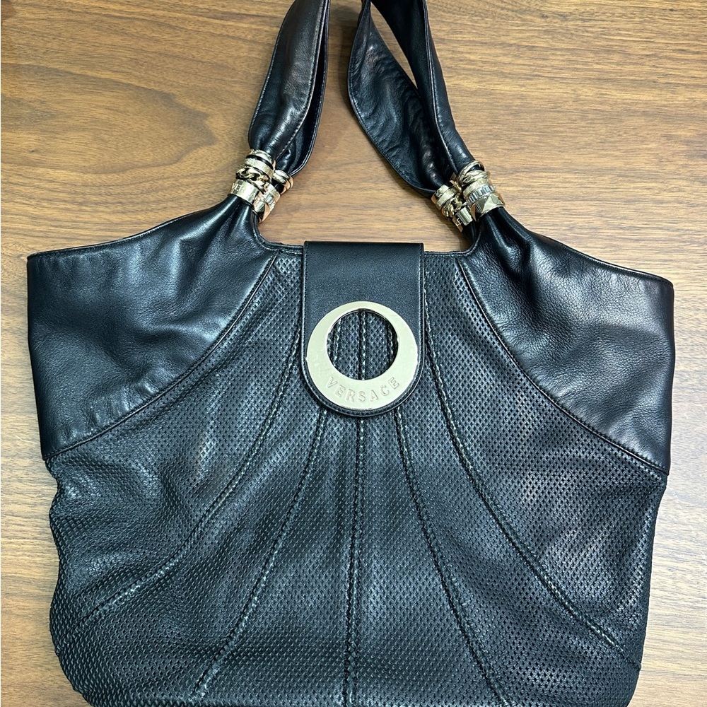 Versace Black Perforated Leather Shoulder Bag with Silver Ring